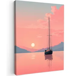 LEINWANDBILD Segelboot - Rosa Meer - Sonnenuntergang - Berge Wandbild Wohnzimmer 60x80 cm