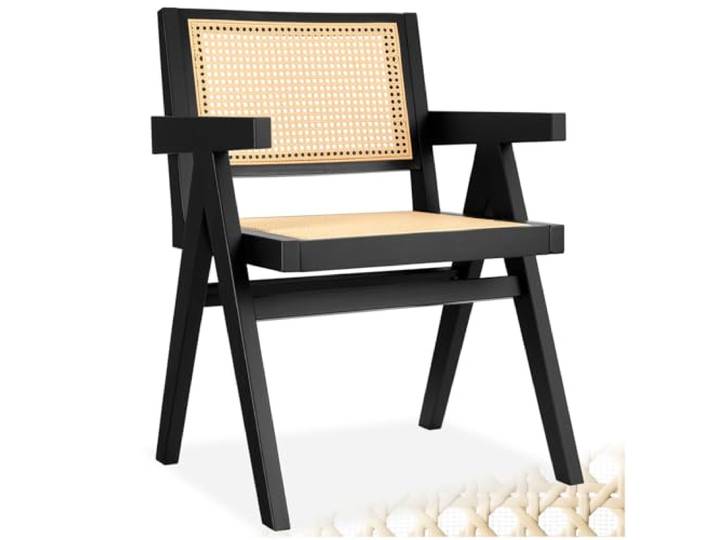 tectake® Stuhl mit Armlehne, Küchenstuhl, Armlehnstuhl, Boho Korbsessel Wiener Geflecht, Dining Chair, Stuhl Esszimmer, Sessel Wohnzimmer, Holzstuhl, Sitzecke Küche - schwarz mit Armlehne, 1 Stuhl