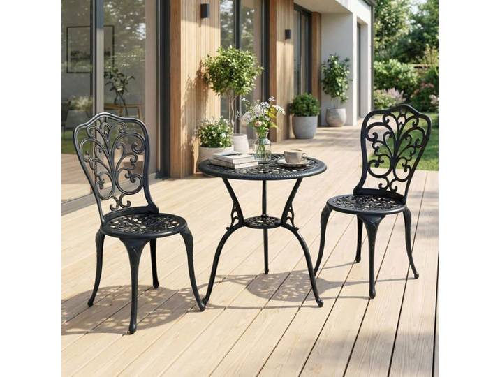 Ensemble 3 PCS Table et Chaises de Jardin COSTWAY Cadre en Aluminium Moulé Trou pour Parasol de 5 cm pour Terrasse Patio Balcon