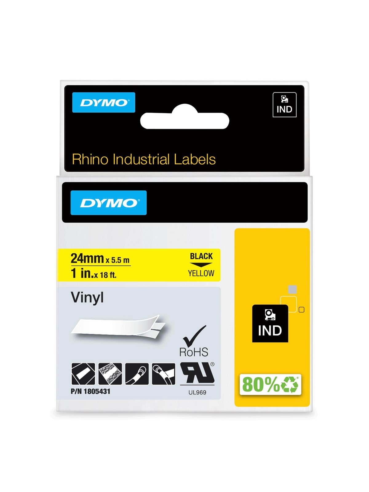DYMO Rhino-Industrie-Vinyletiketten | 24 mm x 5,5 m | schwarz auf gelb | selbstklebendes Schriftband