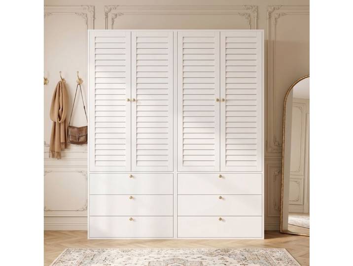 Modenuit Armoire 4 portes 180x50x200 cm 6 tiroirs et 2 tringles blanc