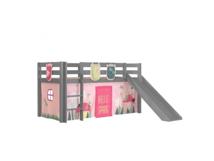 Vipack Spielbett Pino inkl. Rutsche mit Textilset Vorhang und 3 Taschen Spring Kiefer massiv grau lackiert