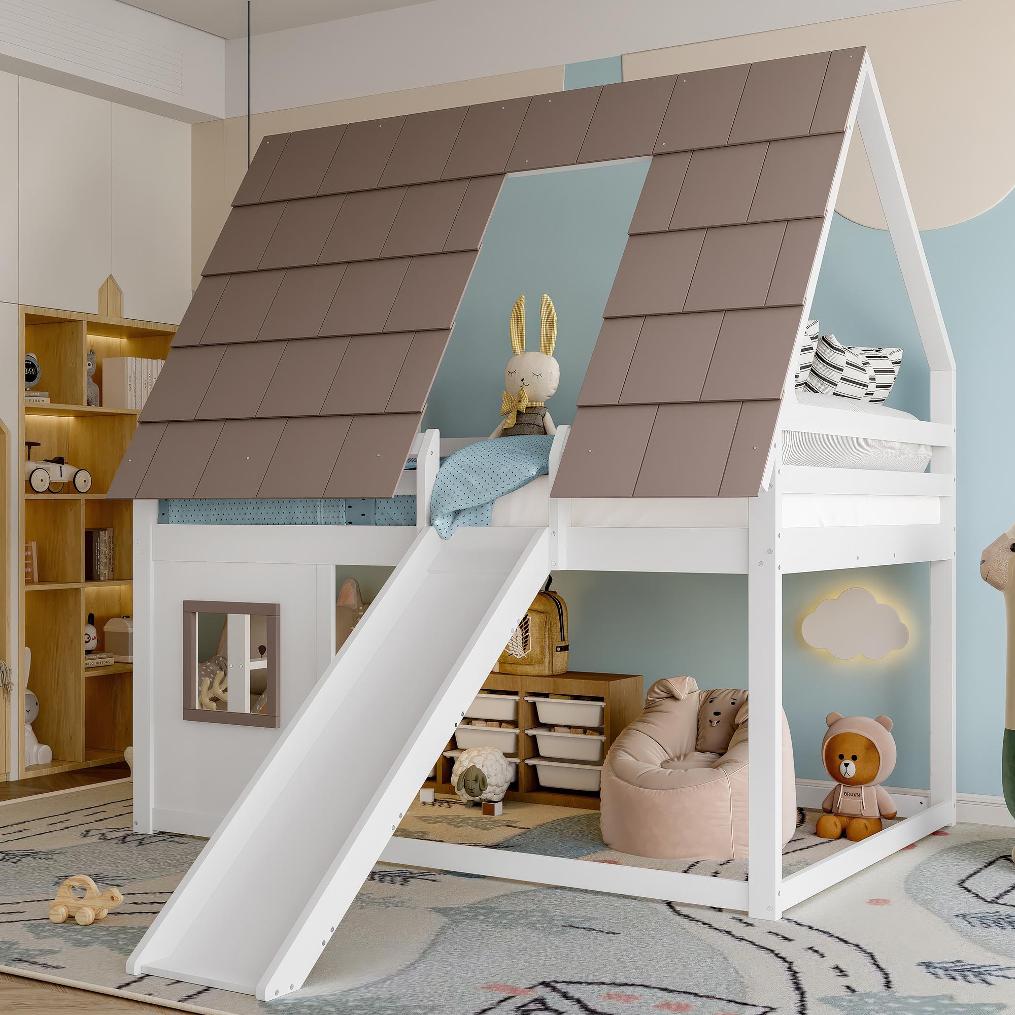 okwish Hochbett 140x200 Haus-Etagenbett mit Dach und Fenster,Kinderbett im Hausdesign mit Leiter und Rutsche,mit Matratze,Weiß+Braun