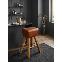 Barhocker – Mango Massivholz und Echtleder, Turnbock-Design, 43x75x43 cm, Braun, ohne Lehne
