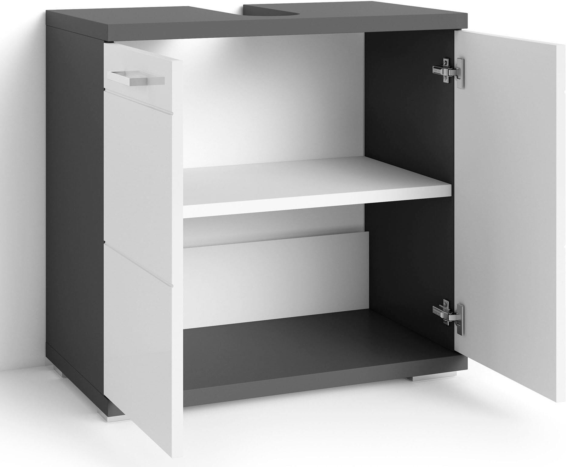 Waschbeckenunterschrank BYLIVING "Nebraska", grau (anthrazit, hochglanz weiß), B:60cm H:59cm T:31,5cm, FSC-zertifizierter Holzwerkstoff, MDF, Schränke, Waschbeckenunterschrank, Breite 60 cm, mit Hochglanzlackierung und verchromten Metallgriffen anthrazit,