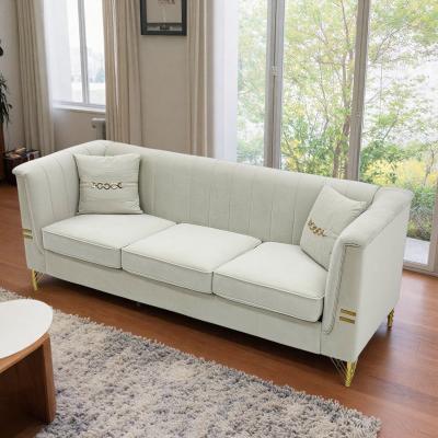 "83.46"" Velvet 3-Seater Modern Sofa with Vertical Channel Tufting and 2 Throw Pillows"
