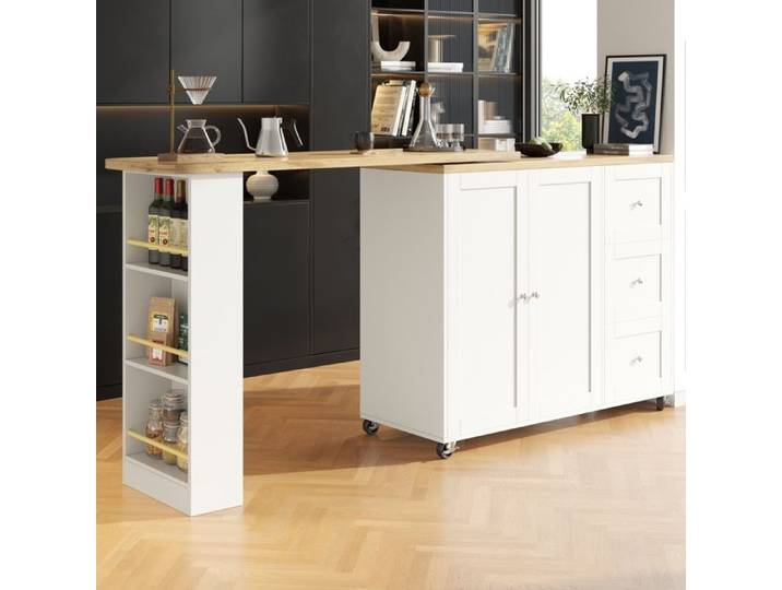 Buffet de Rangement Placard de Cuisine Ilot de Cuisine Armoire de Cuisine Multi-rangements 360°avec 3 tiroirs 138-209x39x106cm