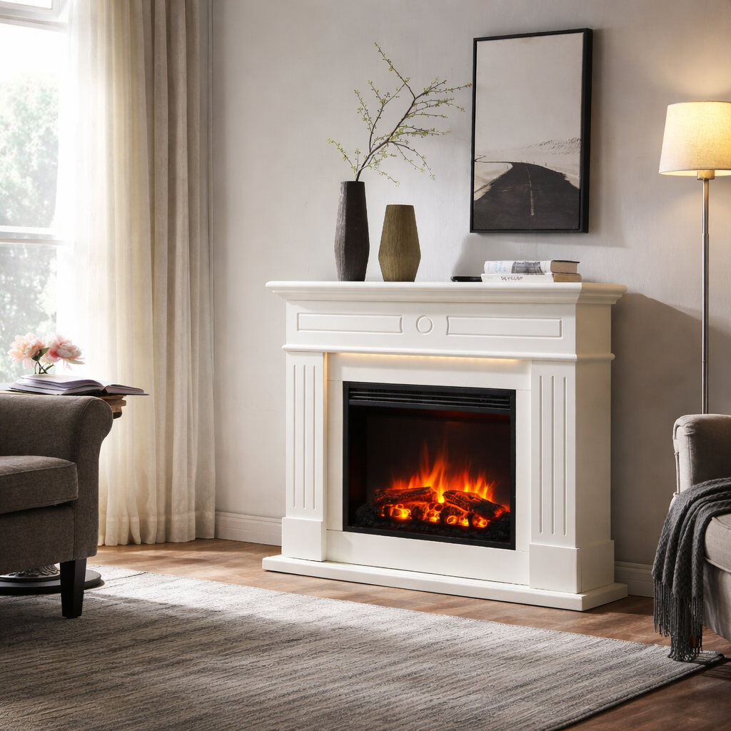 FLAMME 43" Electric Fire and Surround, Freestanding Suite, Everleigh White