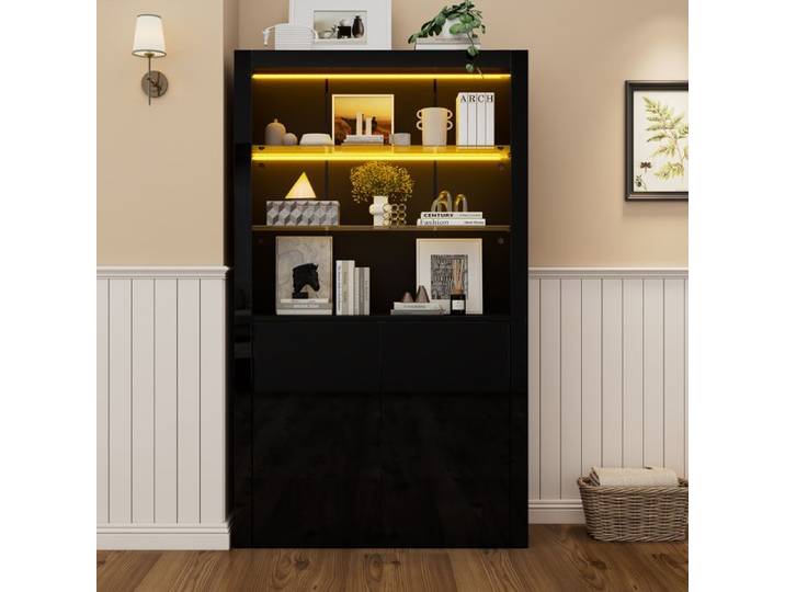 Buffet de rangement avec éclairage LED 2 étagères en verre 2 portes Vitrine de salon Armoire haute Vitrine noir 100x35x170 cm