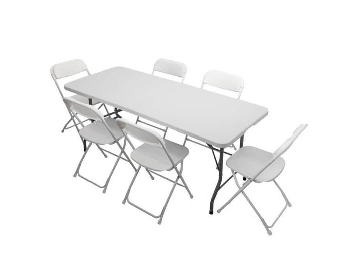 Ensemble table et chaises 1 x table + 6 x chaises pliable extérieur jardin fête conférence blanc