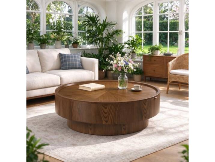 Runder Couchtisch in Trommelform, Couchtisch Aus Holz Mit Stauraum Handgefertigter, Gerillter Couchtisch in Trommelform Mit Verborgenem Stauraum – Für Das Wohnzimmer, Einfache Montage