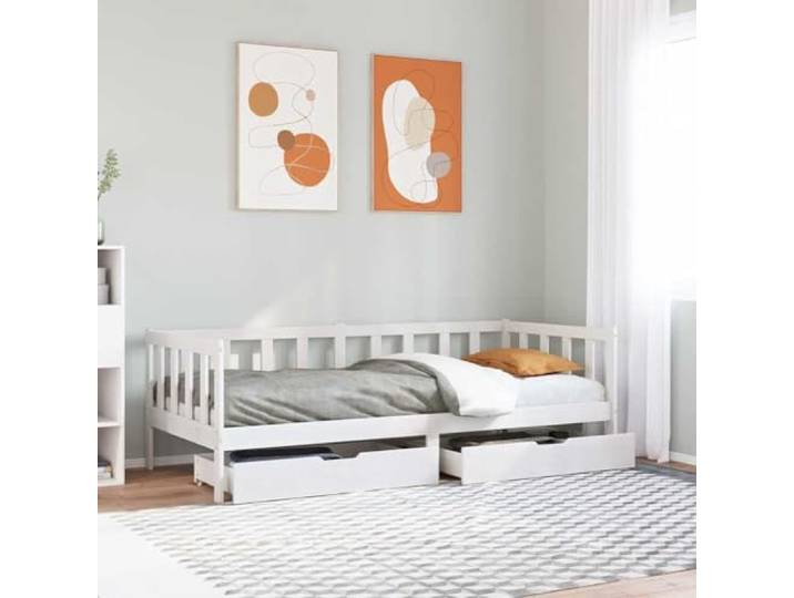 RJPLMFV Tagesbett, 2-in-1, Weiß, 90 x 190 cm, massives Kiefernholz Mit 2 Schubladen, Barrieren 3 Seiten, Lattenrost inklusive, ohne Matratze