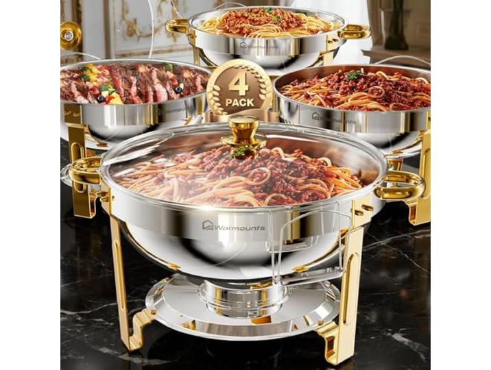WARMOUNTS Chafing Dish Buffet 5L 4er Set Gold & Silber, Rund Speisenwärmer für Catering mit Glasdeckel & Deckelhalter, Hochglanzpoliert Edelstahl Lebensmittelecht für Feiern, Hochzeit, Events