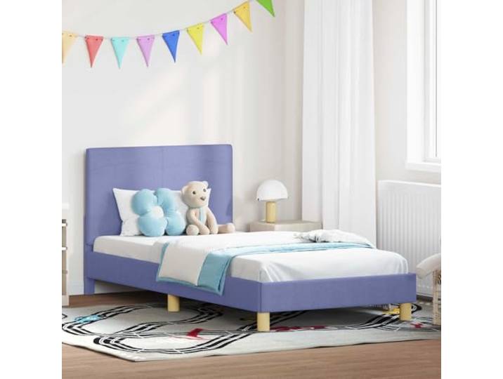 RJPLMFV Bettgestell für Kinder, Jeansblau, Stoff Unterseite ohne Lattenrost, Holz, Aufbewahrungstaschen, Lamellen im Lieferumfang enthalten