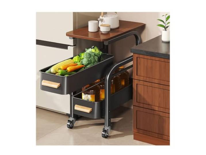 MJJRWF Rollbarer Küchenwagen mit ausziehbaren Schubladen Rollbarer Küchenwagen, ausziehbare Schubladen, Holzplatte, Metallgestell, Sicherheitsriegel(Black,30x39x61cm)
