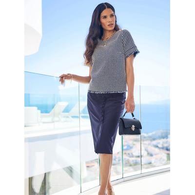 Kurzarmbluse HEINE, Damen, Gr. 38, schwarz-weiß (marine, ecru, gemustert), 98% Polyester, 2% metallisierte Fasern, gemustert, kariert, Rundhals, Blusen
