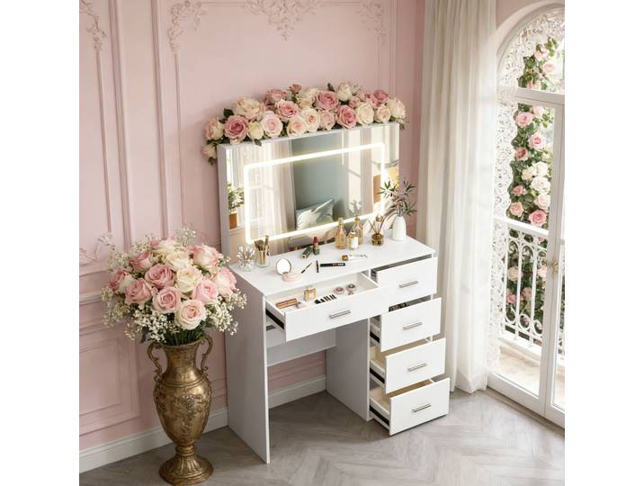Ensemble de coiffeuse moderne Teousev blanc avec ampoules LED Hollywood, grand miroir, 5 tiroirs, 3 couleurs réglables, montage facile, commode de chambre à coucher