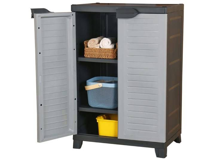 Armoire en plastique - - 65x45x97 cm - Gris - 2 portes - 3 étagères - Charge 25 kg par étagère - Verrouillable