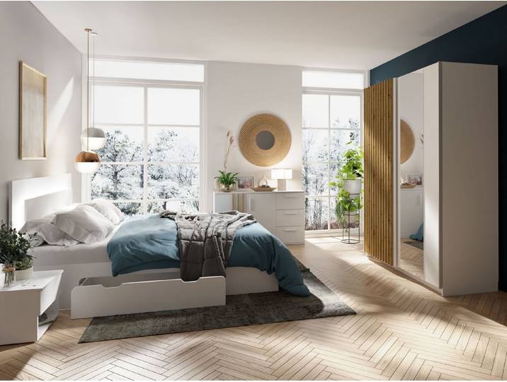 Möbel für Dich Komplettschlafzimmer Lamello 5-teilig Weiß/Eiche- Artisan mit Kommode