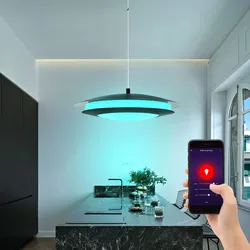 Pendellampe Esstisch Wohnzimmerlampe schwarz Hängeleuchte, RGB LED Pendelleuchte Smart Home dimmbar CCT, LED 27W 3400lm 2700-6500K, DxH 48,5x150 cm