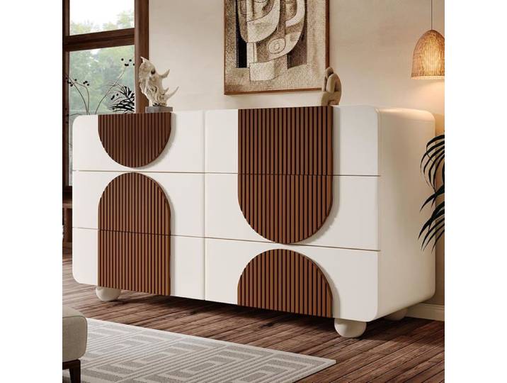 Commode 121x41x71cm avec 6 tiroirs buffet incurvé avec décoration en lattes de bois couleur chocolat pour différentes pièces