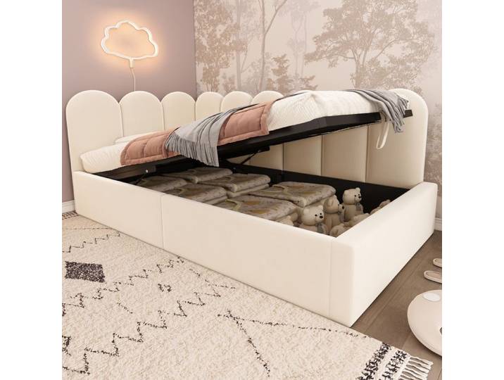 Lit banquette - ZEVKOR - 90×200 - Coffre hydraulique - Velours beige - Sans matelas