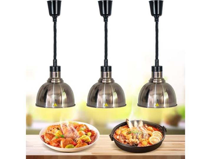 Aocay Wärmelampe Küche Gastro, Kommerzielle Wärmelampe Gastronomie für Speisen, Hängend Lebensmittel Wärmelampe, Speisenwärmer Lampe mit 250W Glühbirne für Buffets (Edelstahlfarbe, 3Stück)