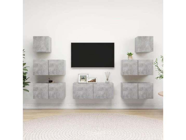 furnicato TV-Schrank Hängendes TV-Schrank-Set Betongrau mit Holzwerkstoff, 60x30x30 cm & (7-St) Wohnwand mit Fächern für DVDs und Zeitschriften für das Wohnzimmer