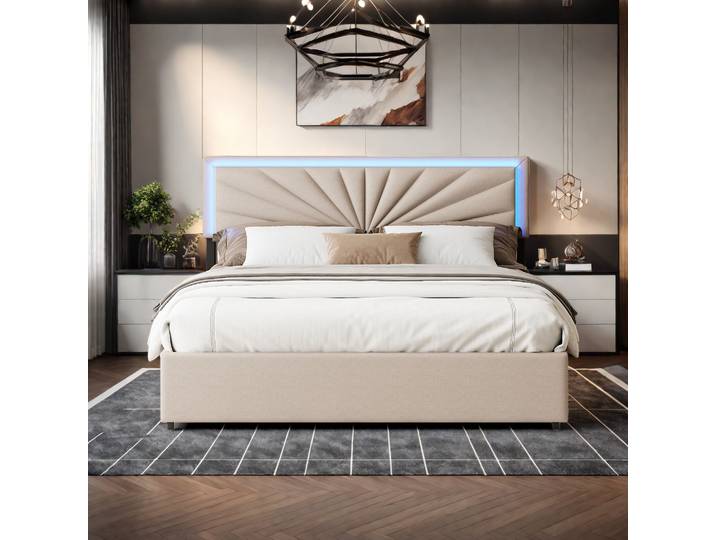 Lit rembourré Superaly 160x200cm avec éclairage LED, lit avec 4 tiroirs, lit de rangement, pour chambre moderne, lin, beige