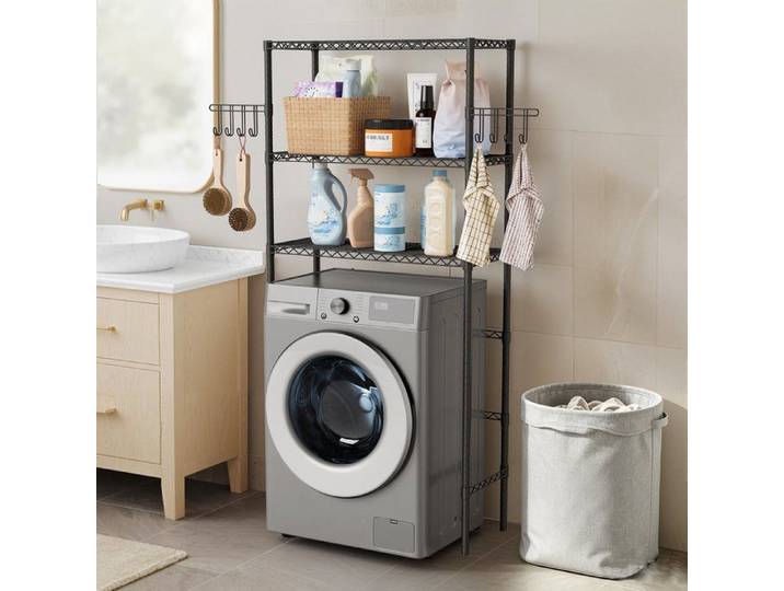 Etagère de salle de bain FLASIDU meuble de rangement au-dessus des toilettes wc ou lave-linge avec 2 tablettes 90x35x195cm Noir