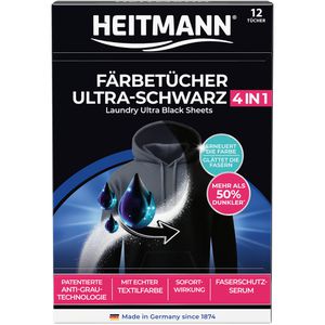Heitmann Textilfarbe 2in1 Färbetücher, Ultra-Schwarz, für Waschmaschine, 12 Tücher