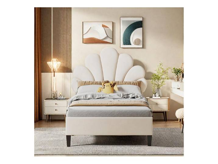 LuxusKollektion Polsterbett Kinderbett Blumen Kopfteil Samt Beige 90x200cm