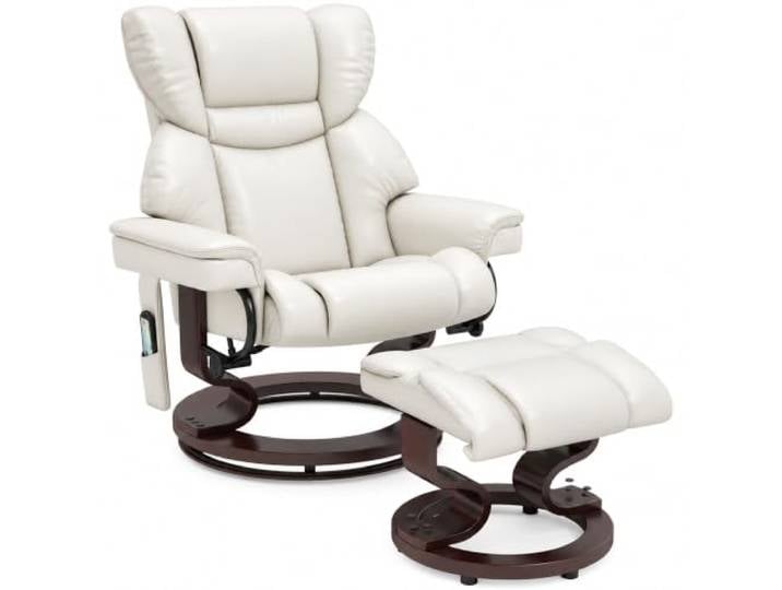HOMCOM Relaxsessel mit Hocker, Massagefunktion, Liegefunktion, Cremeweiß Mit Massage, Liegefunktion, Drehbar, Massagesessel mit Seitentasche, Liegesessel, Kunstleder für Wohnzimmer