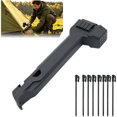 LightInthebox Camping Hammer with 8 Pegs, Tent Stake Driver, Puller Bottle Opener with Storage Handle, Lightweight Mallet for Outdoor Hiking Camping Backpacking