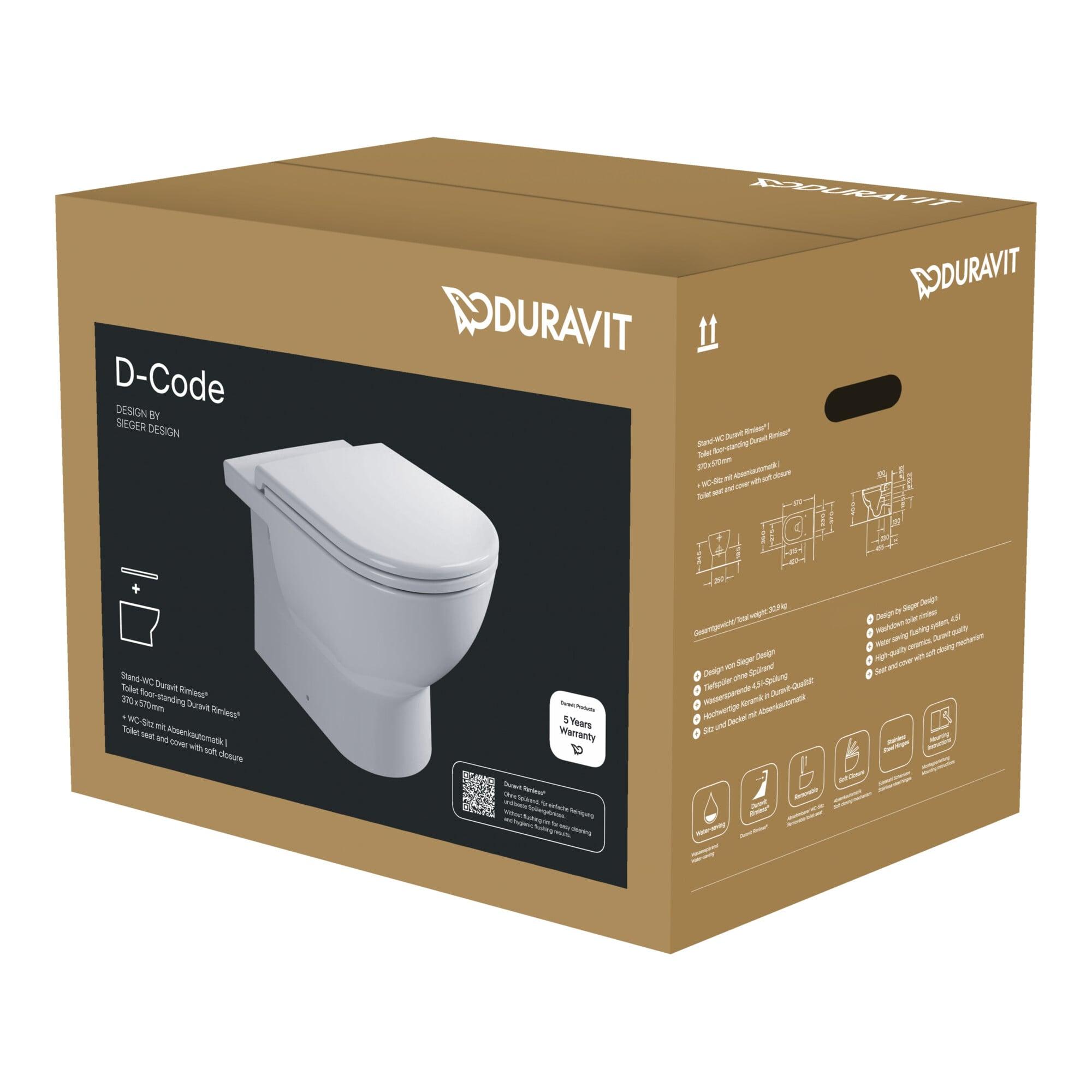 Duravit Stand-WC, Tiefspüler-Set D-Code m Sitz, Absenkautomatik, Rimless, weiß (40370900A1)