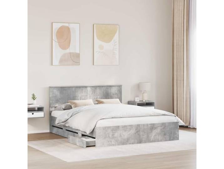 SKTQYQO Bettkasten 160 x 200 cm, Grau, Beton, 6 Schubladen Technisches Holz, stabile Struktur, Kopfteil inklusive, max. Gewicht 200 kg