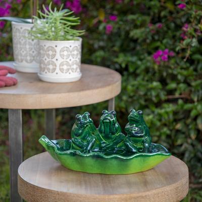 "Sagebrook Home 12"" Ceramic Frog Themed Bird Feeder Contemporary Green Trio of Frogs - 12"" x 7"" x 5"""
