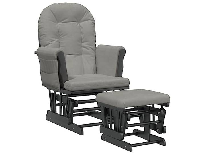 HFXHIJXQ Schaukelsessel mit Hocker Gleitfunktion Stillstuhl Hellgrau Holz Relaxsessel mit Fußhocker, dicken Kissenund Seitentaschen für Wohnzimmer, Schlafzimmer und Kinderzimmer. Bis 110 kg.