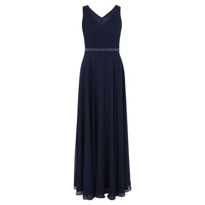 Abendkleid VERA MONT "Damen mit Plissee", Damen, Gr. 36, Normalgrößen, blau (night sky), Chiffon, Obermaterial: 100% Polyester. Besatz: 100% Polyester. Futter: 100% Polyester, festlich, ausgestellt lang, V-Ausschnitt, Kleider Abendkleid, Dekoelemente