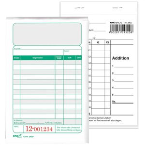 RNK Kassenblock 2952F, 9,6 x 16,7 cm, mit Durchschlag und Blaupapier, 2x 50 Blatt