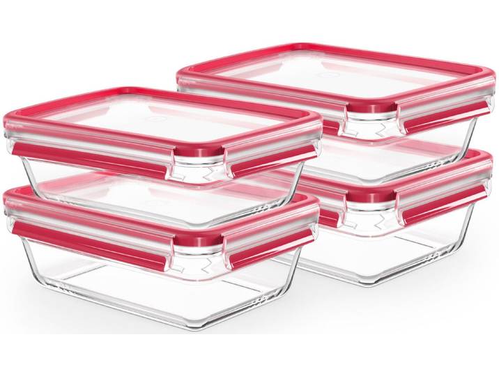 Frischhaltedose EMSA Clip & Close Glas Set, rechteckig, 100 % dichte Aufbewahrungsboxen , rot, B:16,6cm H:7,9cm L:22,7cm, Glas, Lebensmittelaufbewahrungsbehälter, Frischhaltedose, spülmaschinen-, gefrier-, backofen-, mikrowellenfest