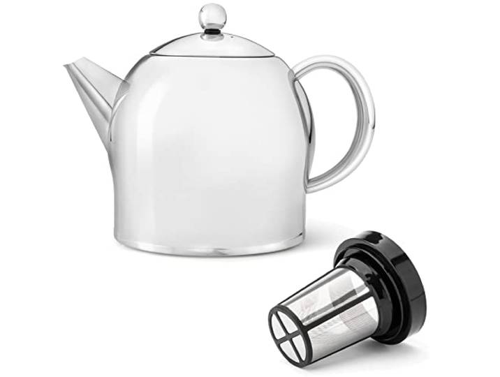 Bredemeijer Teekanne Set 1.4 Liter - Edelstahl glänzend doppelwandig - Großer Teebereiter mit Tee-Filter-Sieb-Aufsatz für losen Tee