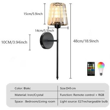 Friendly Fresh Finds American Style Rechargeable Wall Sconce Crystal LED Wireless Wall Light For Bedroom Decor black 1pcs