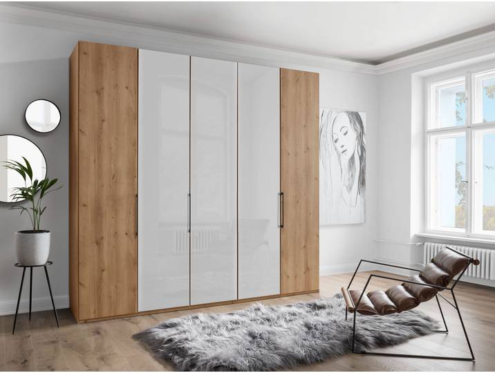 Falttürenschrank, Floatglas & Holzwerkstoff, Braun & Weiß, 246,3×216×58 cm, Mit Teil-Glasfront, Wiemann Monaco