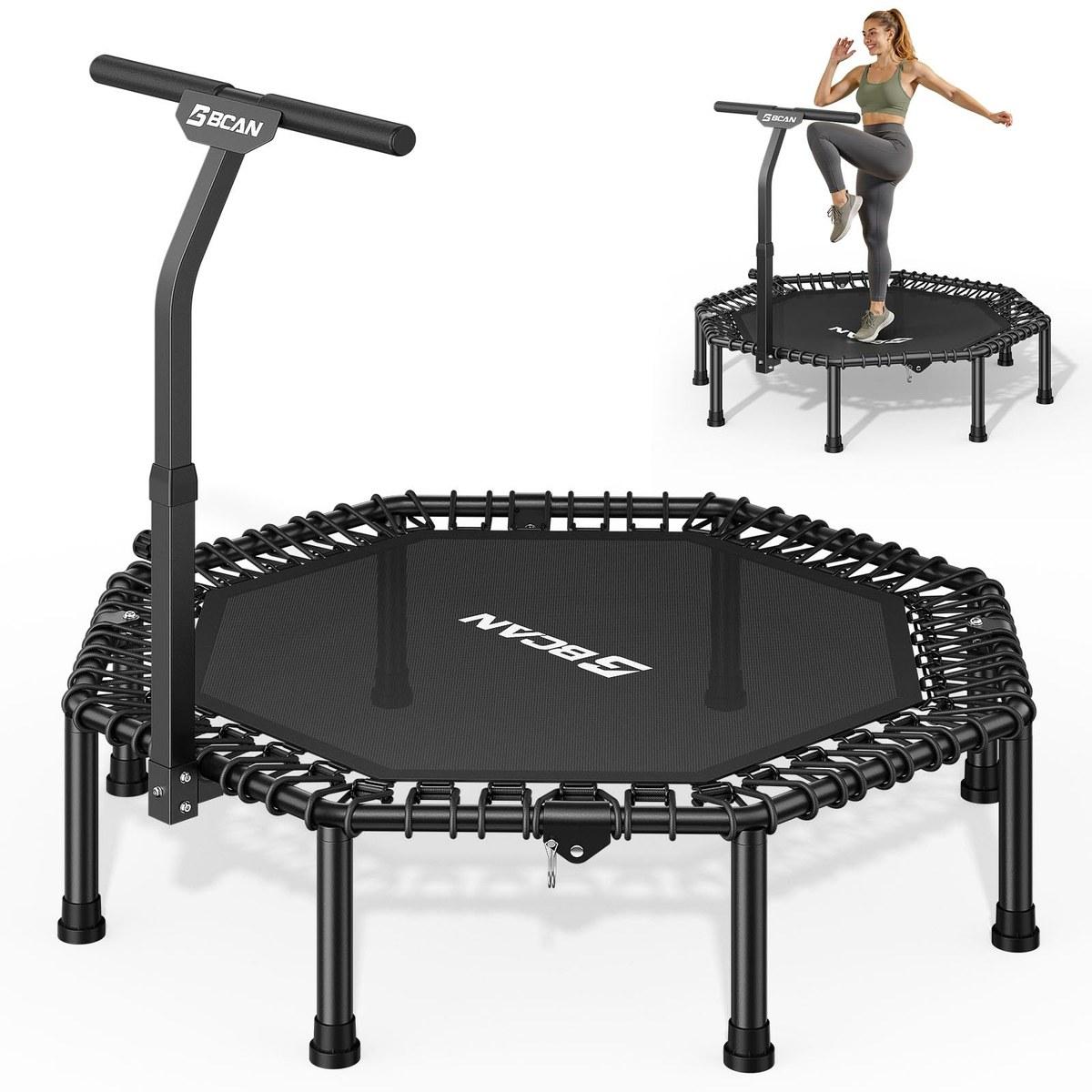 Fitnesstrampolin Minitrampolin Sprungtrampolin - 130 cm - Achteckig - Bis 205 kg - Verstellbarer Haltegriff - Klappbar