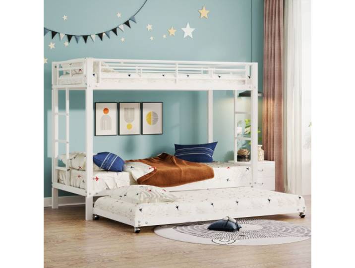 Lit triple superposé 3 places pour enfant 90x200cm Cadre en métal robuste Lit extractible