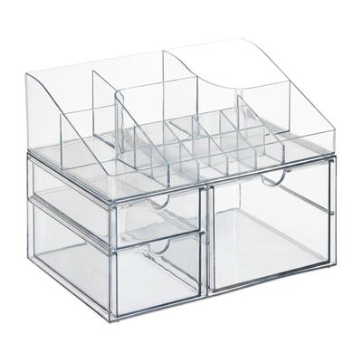 Relaxdays Make Up Organizer, 14 Fächer & 3 Schubladen, Nagellack, Lippenstfit, Kunststoff, Schminkorganizer, transparent