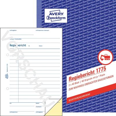 Avery Zweckform Formularbuch Regiebericht A5 2x40 Blatt selbstdurchschreibend weiß/gelb