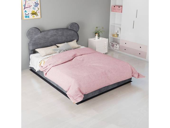 Lit Enfant 2 Places Velours Gris Lit Coffre FloraGrace Pour Chambre Enfant Rangement Relevable 140x200x133cm