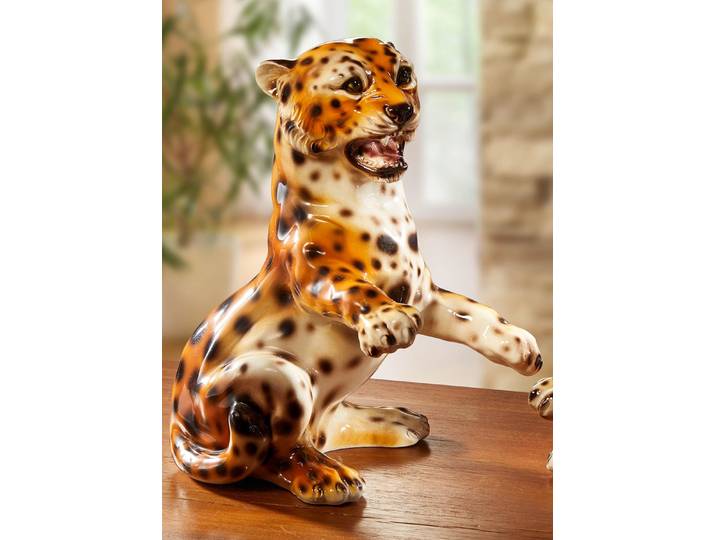 Handbemalte Leoparden aus Keramik, Braun-Weiss, sitzend